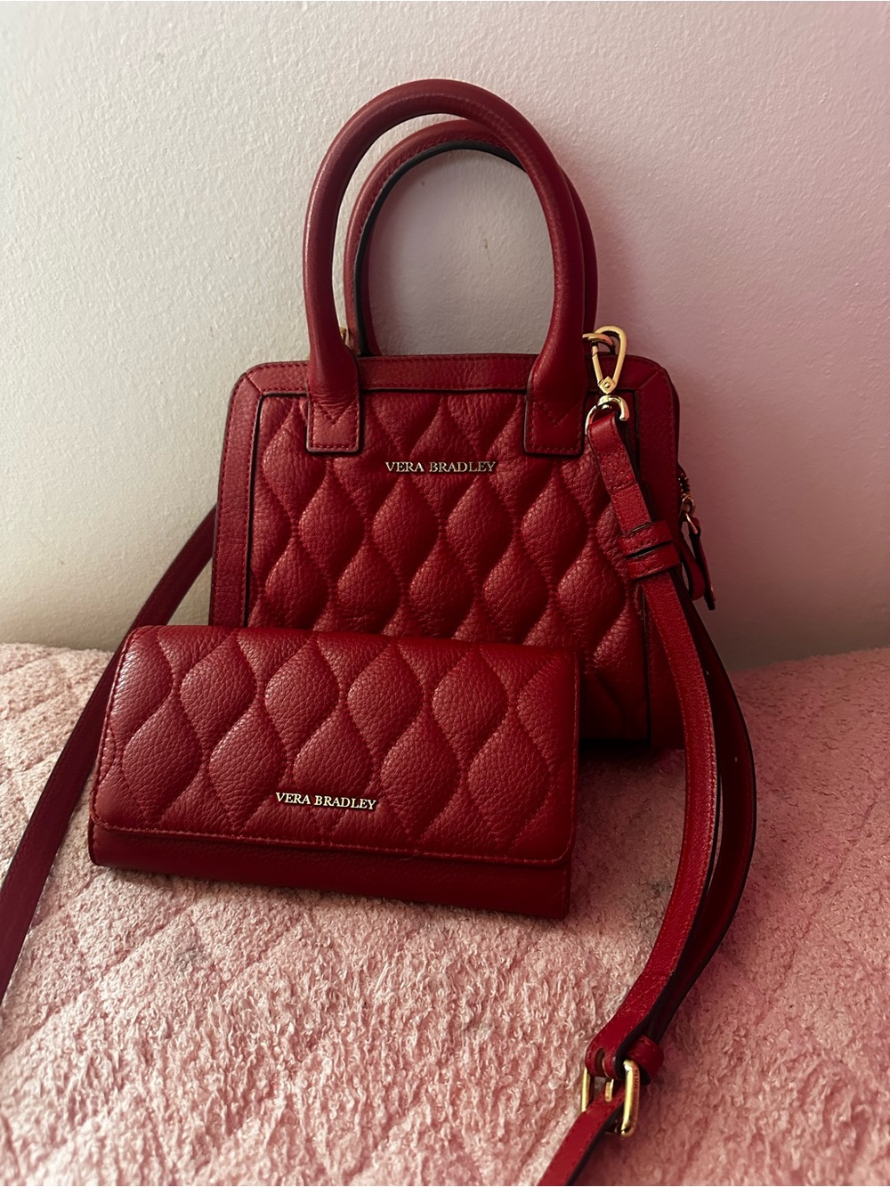 Vera Bradley Quilted Cherry Red Satchel with Matching Wallet